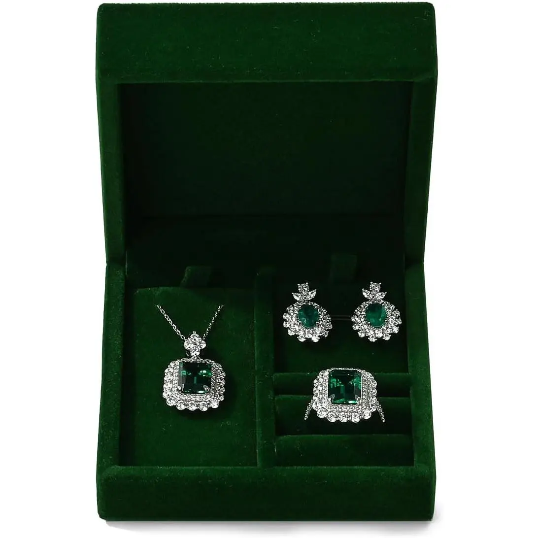 Set Box, Green  Necklace Earring Ring Organizer | 3-Slot Design for Necklace, Earring & Ring, - Packaging, Travel-Friendly Size, Scratch-Resistant Lining