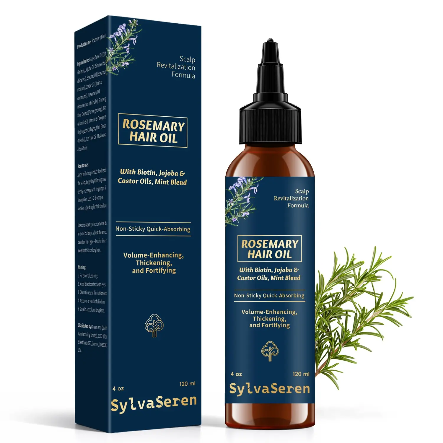 SylvaSeren Rosemary Hair Oil 120ml Natural Scalp Revitalization Formula With Biotin Jojoba Castor Oil Stimulate Hair Growth Restore Hair Reduce DHT Anti Hair Loss Thicker Stronger Hair Thickening Hair Treatment For Men Women