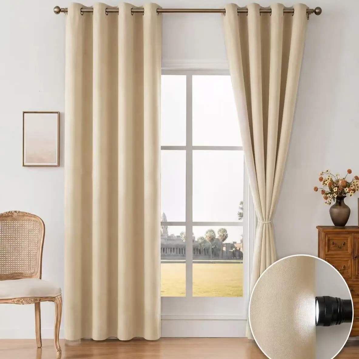 2 Panels Beige Full Blackout Grommet Curtains, 100% Light Blocking UV Protection Privacy Curtains for Living Room Bedroom Decor