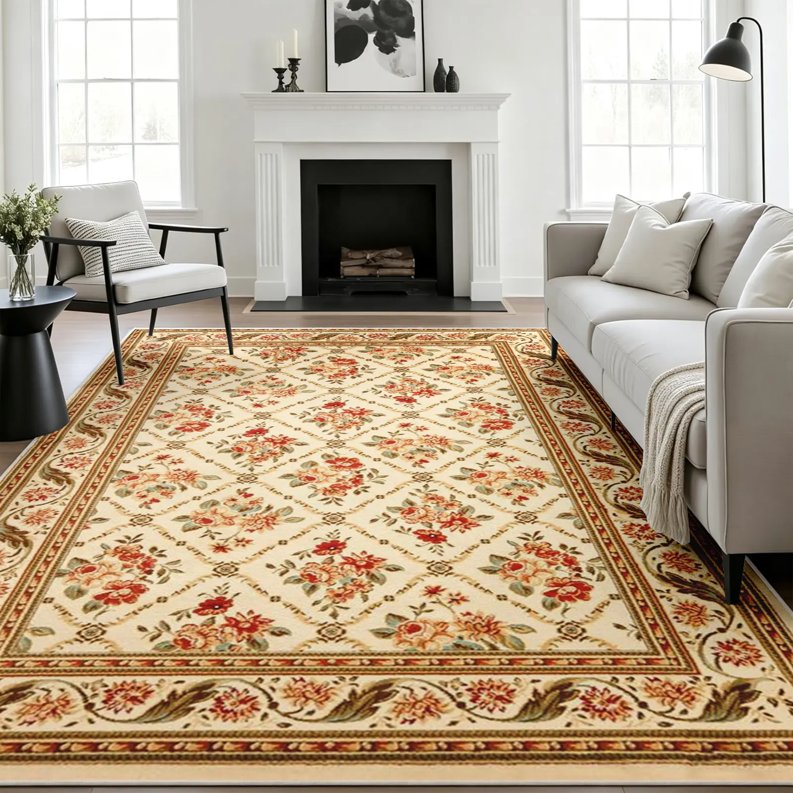 Victorian Floral Area Rug, Cream Base with Rust Red Rose Trellis Grid and Green Leaf Border, Non-Slip Washable Carpet, Soft Durable Floor Mat, Aesthetic Rugs for Living Room Bedroom Home Decor, 8 x 10 ft Area Rugs