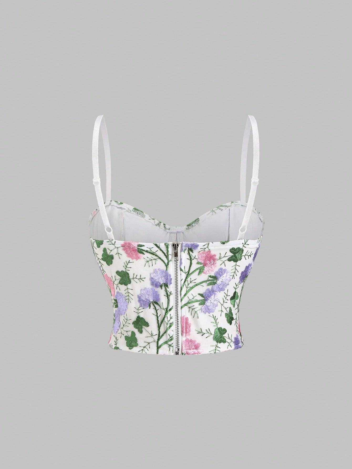 Floral Embroidery Bustier Top - Romantic Cottagecore Corset Top for Summer,Floral Mesh Corset Bustier with Delicate Embroidery