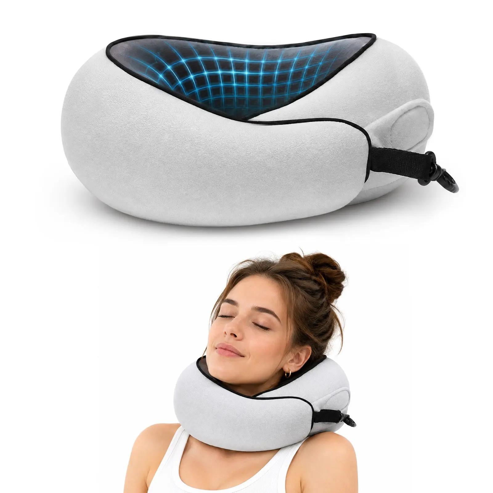 Neck Pillow / Airplane Travel Pillow, Travel Neck Cushion, Memory Foam Travel Pillow featuring an adjustable-length design, raised contours on both sides, and a hook-and-roll mechanism for easy storage, complete with a washable, breathable cover