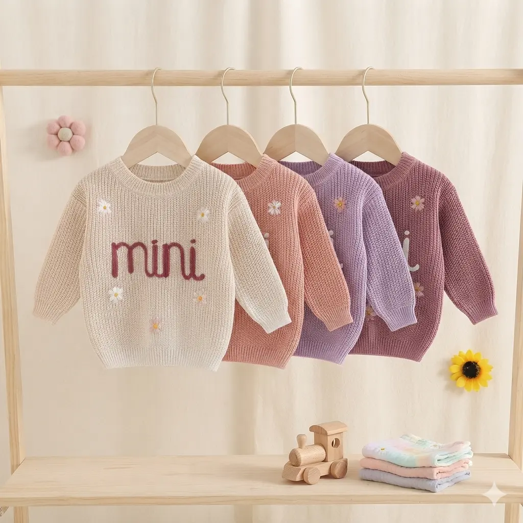 Baby Girl Fall Winter Knit Sweater, Long Sleeve Crew Neck Letters Flower Winter Warm Knit Pullover Sweater Infant Clothes