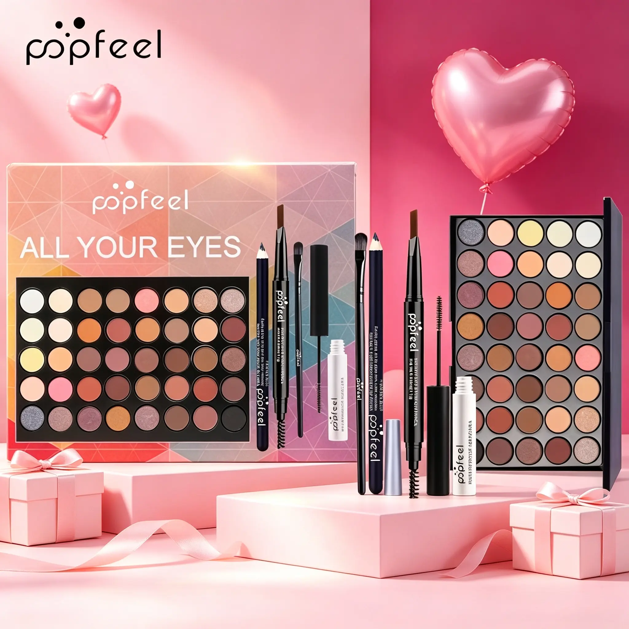 POPFEEL Multi‑Function 5‑Piece Eye & Brow Makeup Set, Complete Eyeshadow Palette, Mascara, Eyebrow Pencil And Eyebrow Brush, Smooth Free‑Blending Long‑Lasting Formula, Ideal Eye Cosmetics For Daily Use And Party Styling.