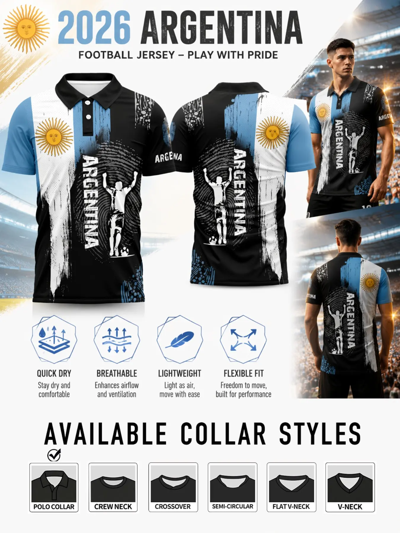 Men's Argentina Sporty Short Sleeve Jersey, Fitted Print Top, All-Season Comfort, Ideal for Football Fans, Streetwear & Training