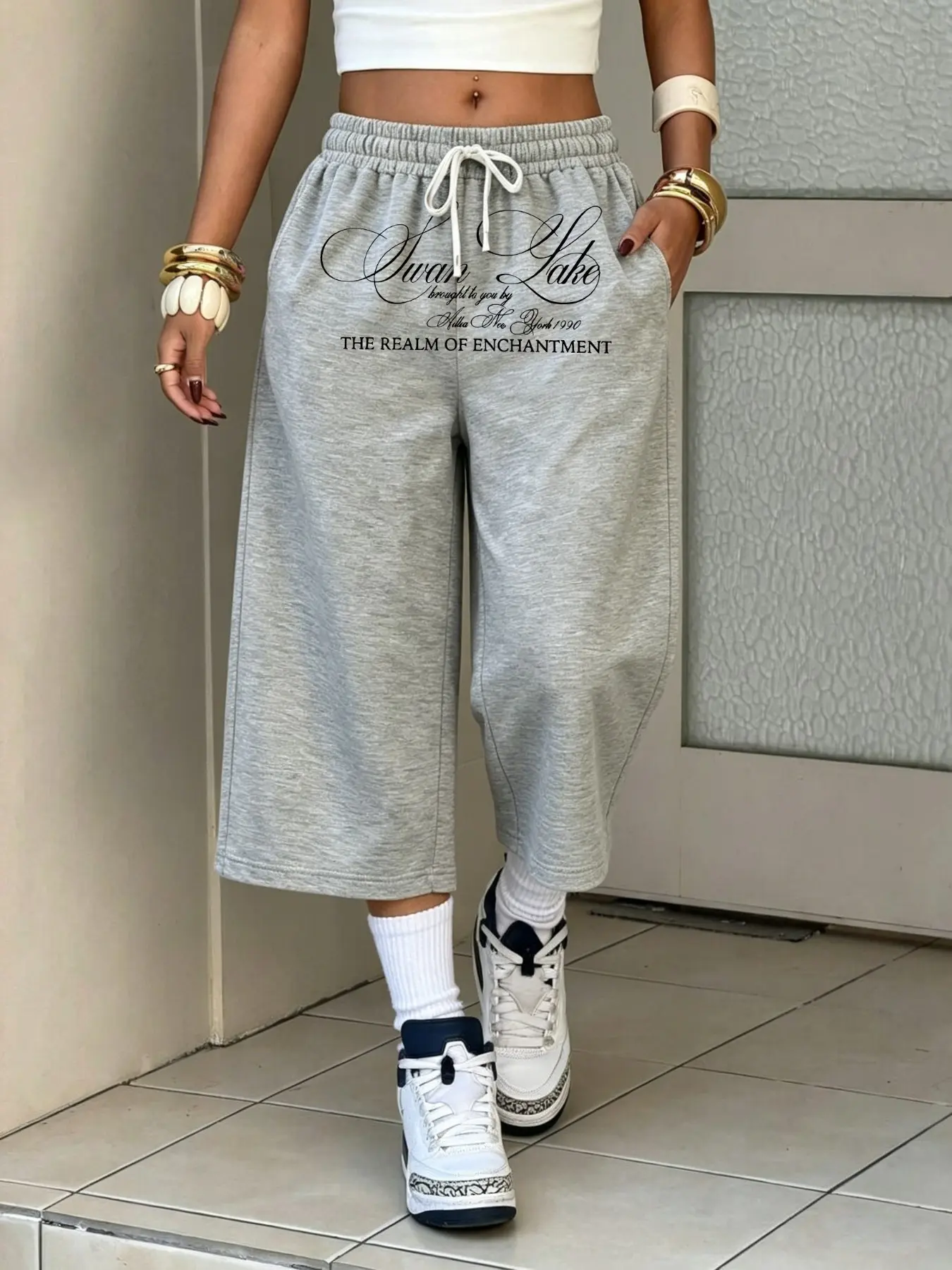 Summer New Casual Loose Baggy Cropped Capri Pants, Elastic Waist Drawstring Design, Letter Pattern Print, Comfortable Breathable Fabric, Fashionable Daily Wear