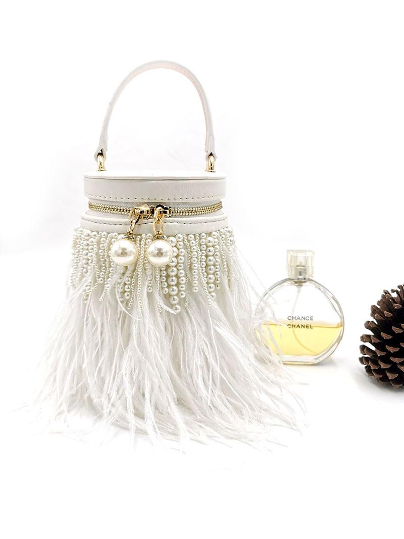 2026 Fashionable Light Luxury Pearl Tassel Feather Bag Round Barrel Single Shoulder Handbag Crossbody Bag