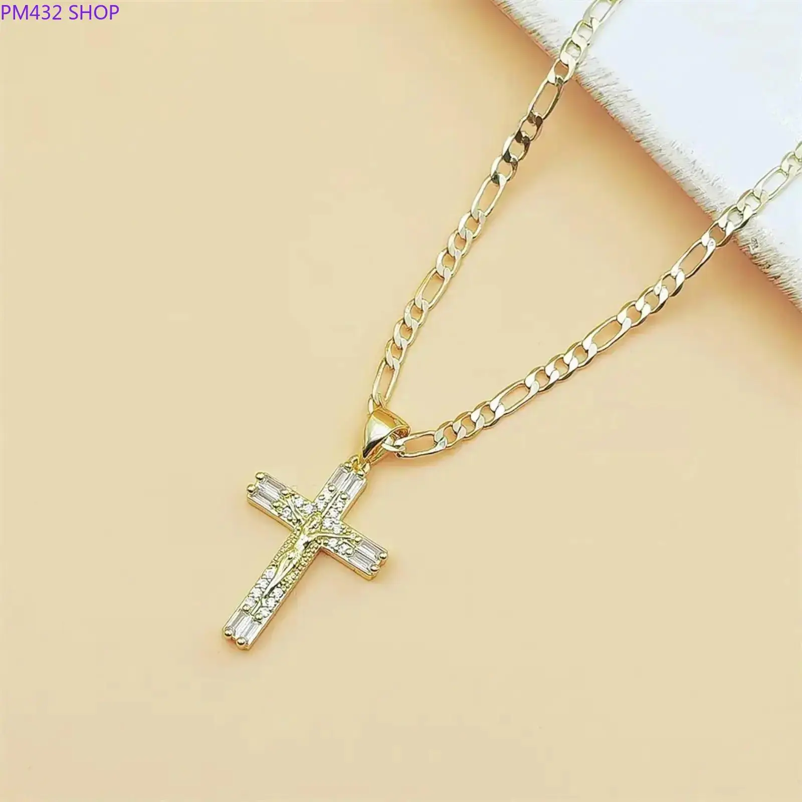 Gold Plated Crucifix Cross Necklace with CZ Stones – 60cm Figaro Chain, Classic Christian Jewelry for Men & Women, Faith-Inspired Daily Wear