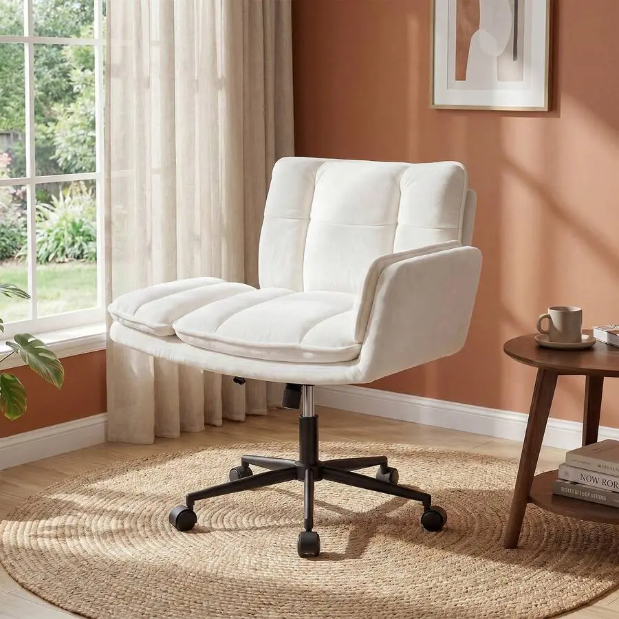 Criss Cross Chair With Flip-Up Arms & Swivel Wheels, Cross Legged Chair With Adjustable Height Comfortable Wide Seat Reclining Computer Home Office Desk Chairs, White