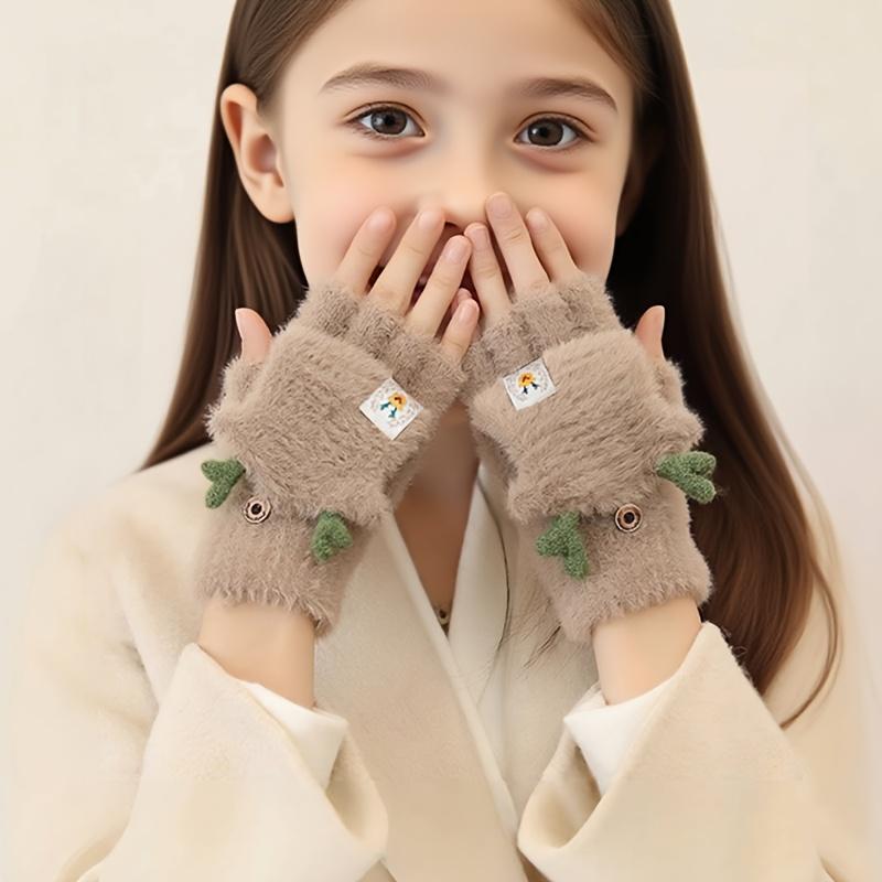 1 Pair Kids Gloves Winter Warm Thickened Flip Gloves Writing Open Finger Girl Plush Half Finger Gloves Cute Cartoon Winter Boy Five Finger Gloves Suitable for Daily Wear Outing Suitable for Children Aged 3