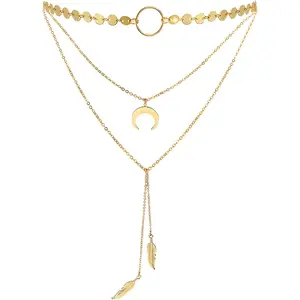 Stylish Layered Sequins Choker Necklace with Thin Long Chian Pendant for Women Lady