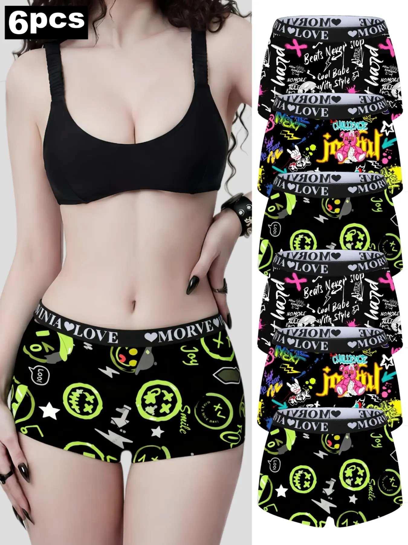 6-Pack Sweet Edgy Graffiti Women Boxer Shorts, Soft Stretch Slim Fit Boyshorts, Neon Smiley Bear Slogan Print, Y2K Casual Underwear, Casual Comfy Panty