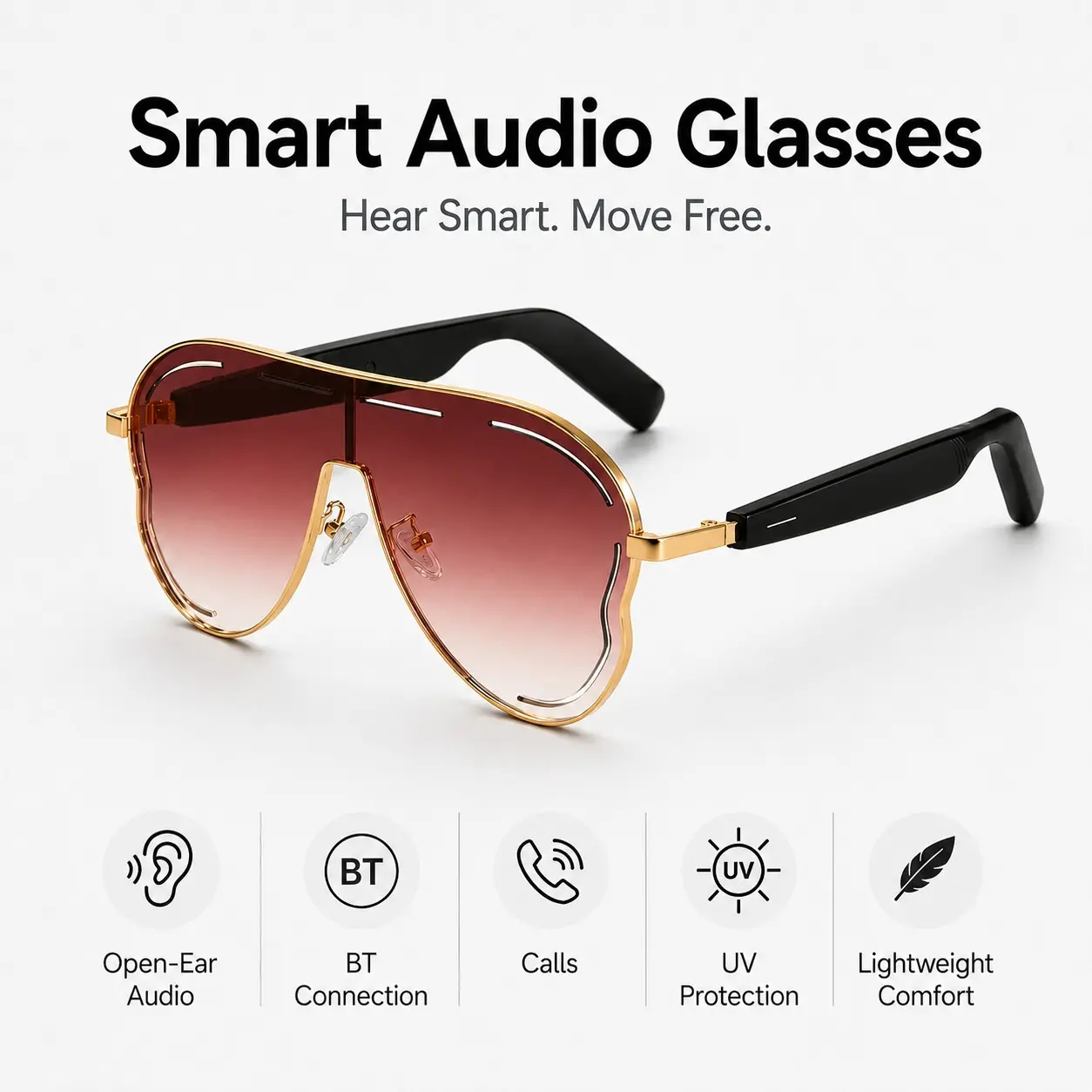 Smart Glasses,Bluetooth Audio Smart Music Glasses with Mic & Speakers,Touch Control,Voice Control,Hands-Free Calling,UV400 Protection,Bluetooth Glasses for Men Women Sports Driving Cycling Running,Smart Wireless Glasses