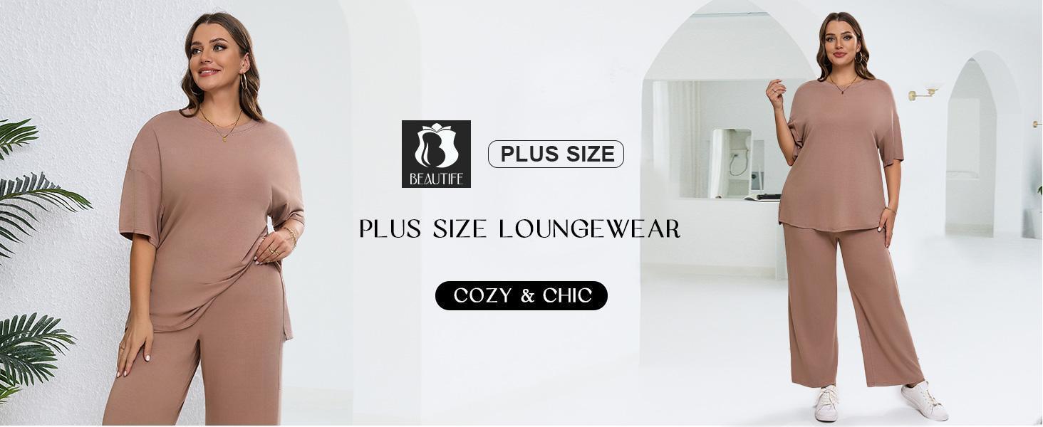 【XL-5XL】Imily Bela Curve Womens Plus Size Lounge Sets Short Sleeve Tops Wide Leg Pants 2 Piece Outfits Tracksuit with Pockets