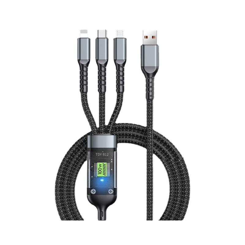 3-in-1 100W Phone Charging Cable, USB to Type-C Fast Charger Cable, Mobile Phone Charger Cable for iPhone 15 14 Samsung Xiaomi Huawei
