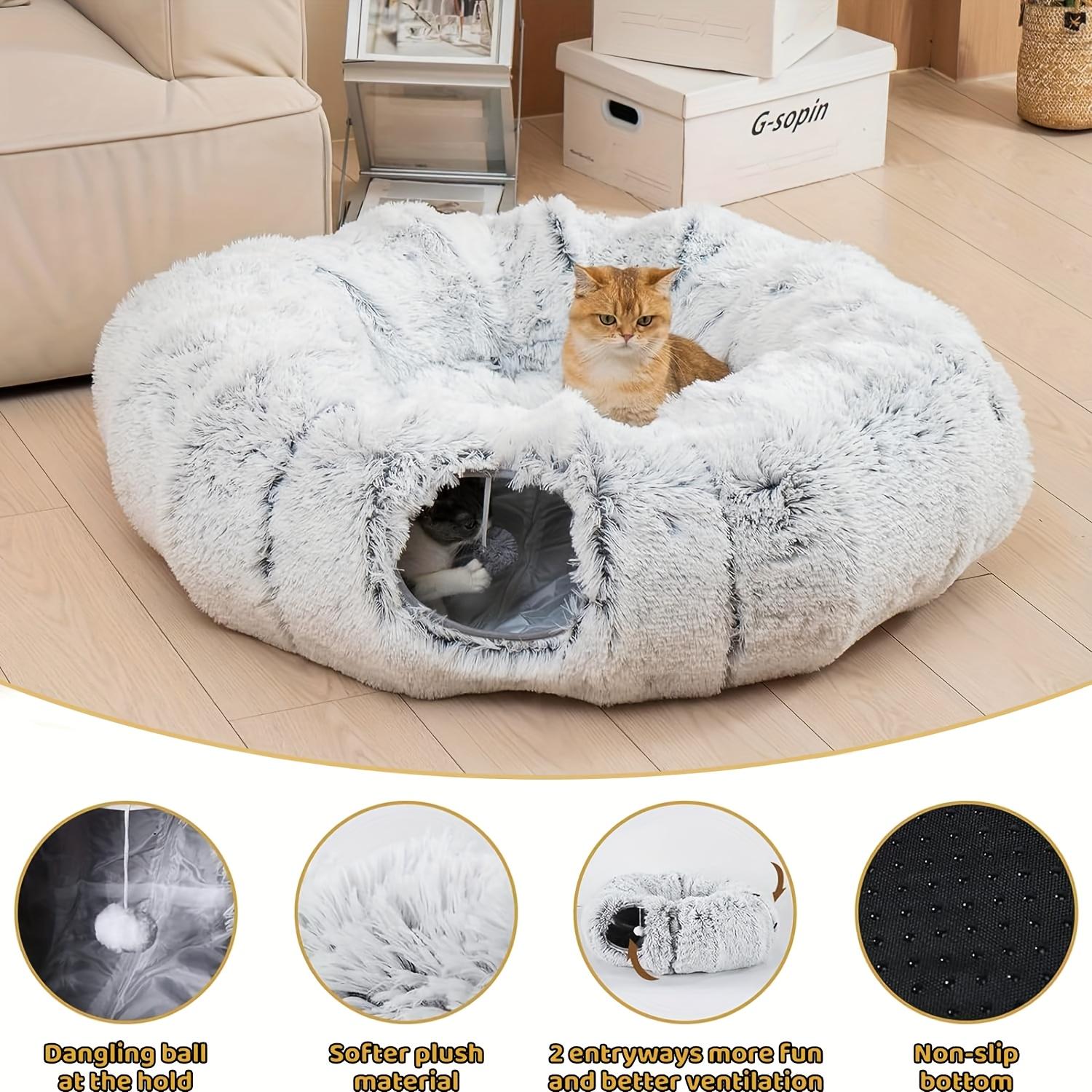 [Foldable Plush Cat Bed] 1pc Foldable Portable Long Plush Cat Bed Cat Tunnel with Plush Cushion