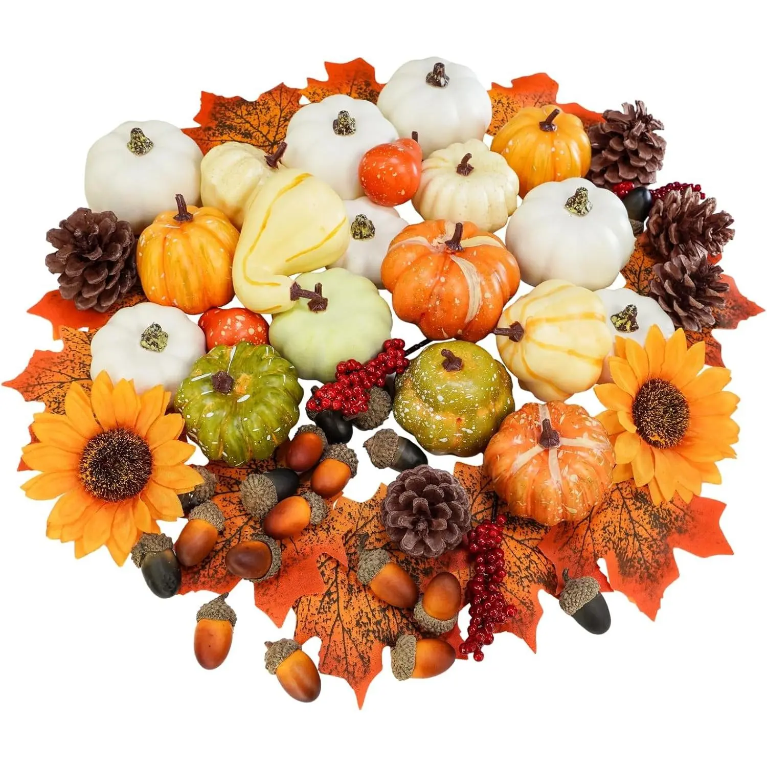 60 Pcs Assorted Small Artificial Pumpkins & Gourds Set with Acorns Pinecones Maple Leaves Sunflowers, Fall Harvest Decor for Thanksgiving Halloween Bowl Filler Table Centerpiece Wreaths