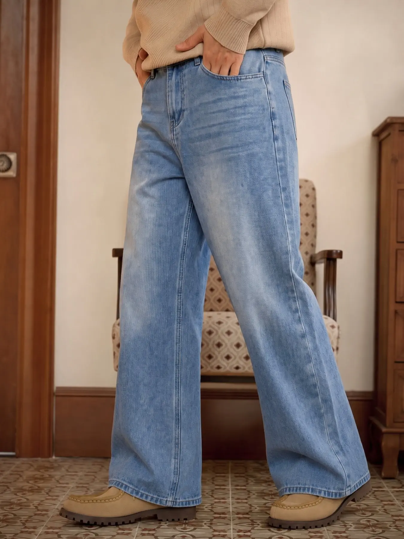 New Men's Jeans, Loose Fit Wide Leg Blue Washed Gradient Denim, Simple Versatile Design, Suitable for Daily Wear, All Seasons