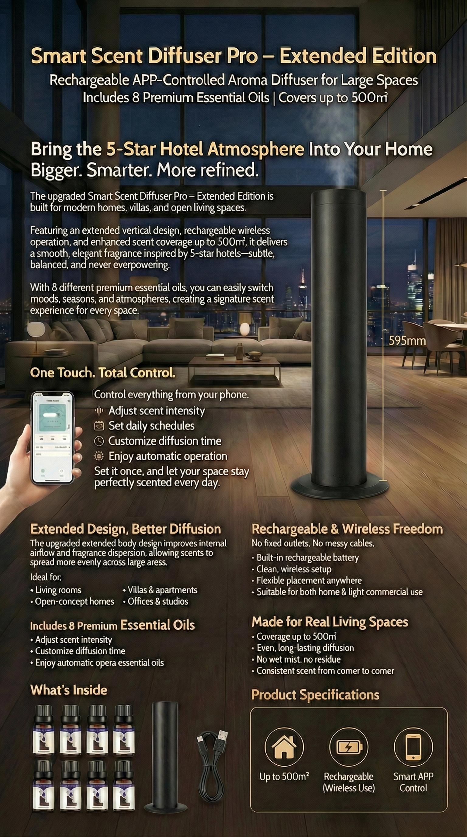 Luxury Hotel-Inspired Scents Home Aroma Diffuser, Rechargeable Extended Edition with APP Control, Big-Space Coverage Up to 500㎡ (≈5380 sq ft), 8 Premium Essential Oils Included Luxury Hotel-Inspired Scents Home Aroma Diffuser, Rechargeable Extended Edition with APP Control, Big-Space Coverage Up to 500㎡ (≈5380 sq ft), 8 Premium Essential Oils Included