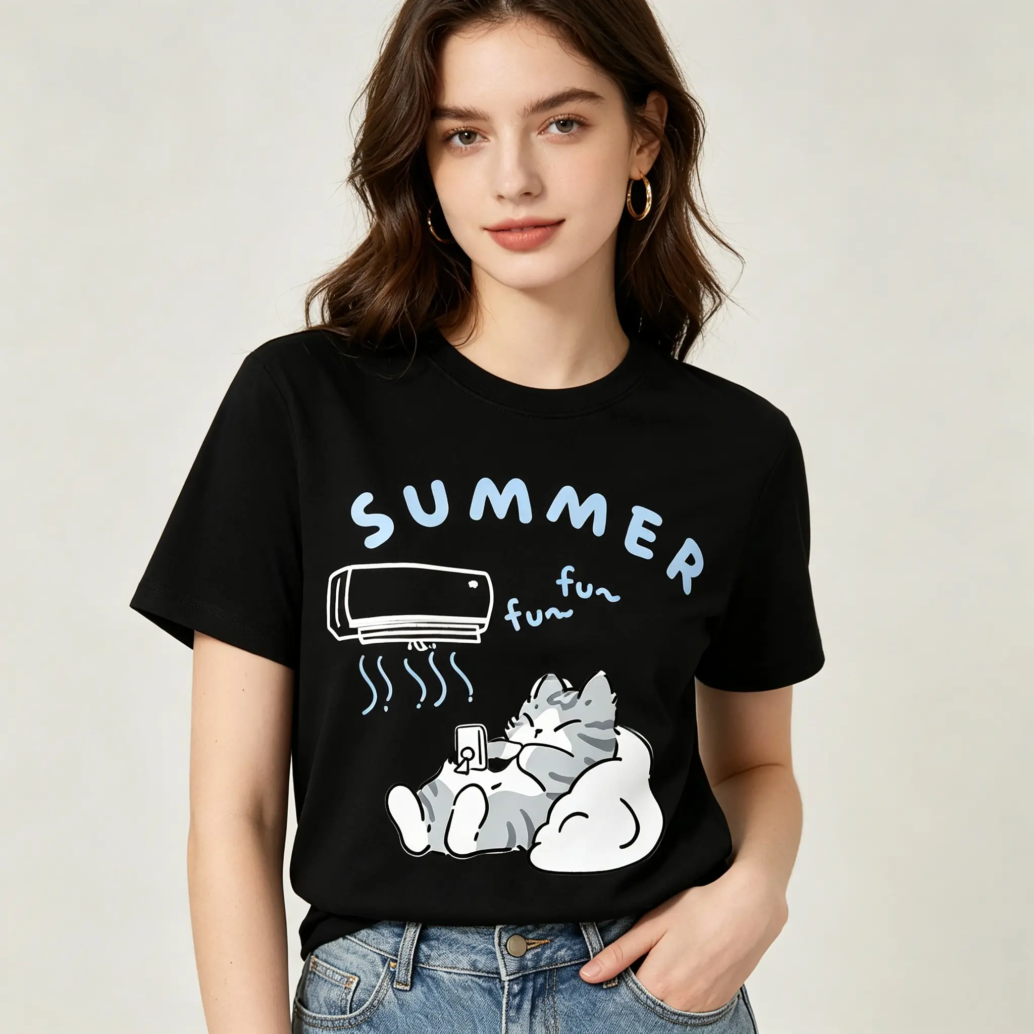 Lady's 100% Cotton Short-Sleeve Sporty Sports Top - Round Neck, Vibrant Cat Graphic Print Tshirt, Casual Loose Classic Fit, Summer Wear, Check Size Chart, Size S
