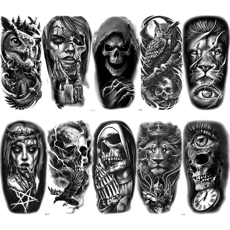 10 Pcs Halloween Reaper Skull Temporary Tattoo Stickers, Waterproof Sweat-Proof Fake Tattoos, for Men Women, Party Events