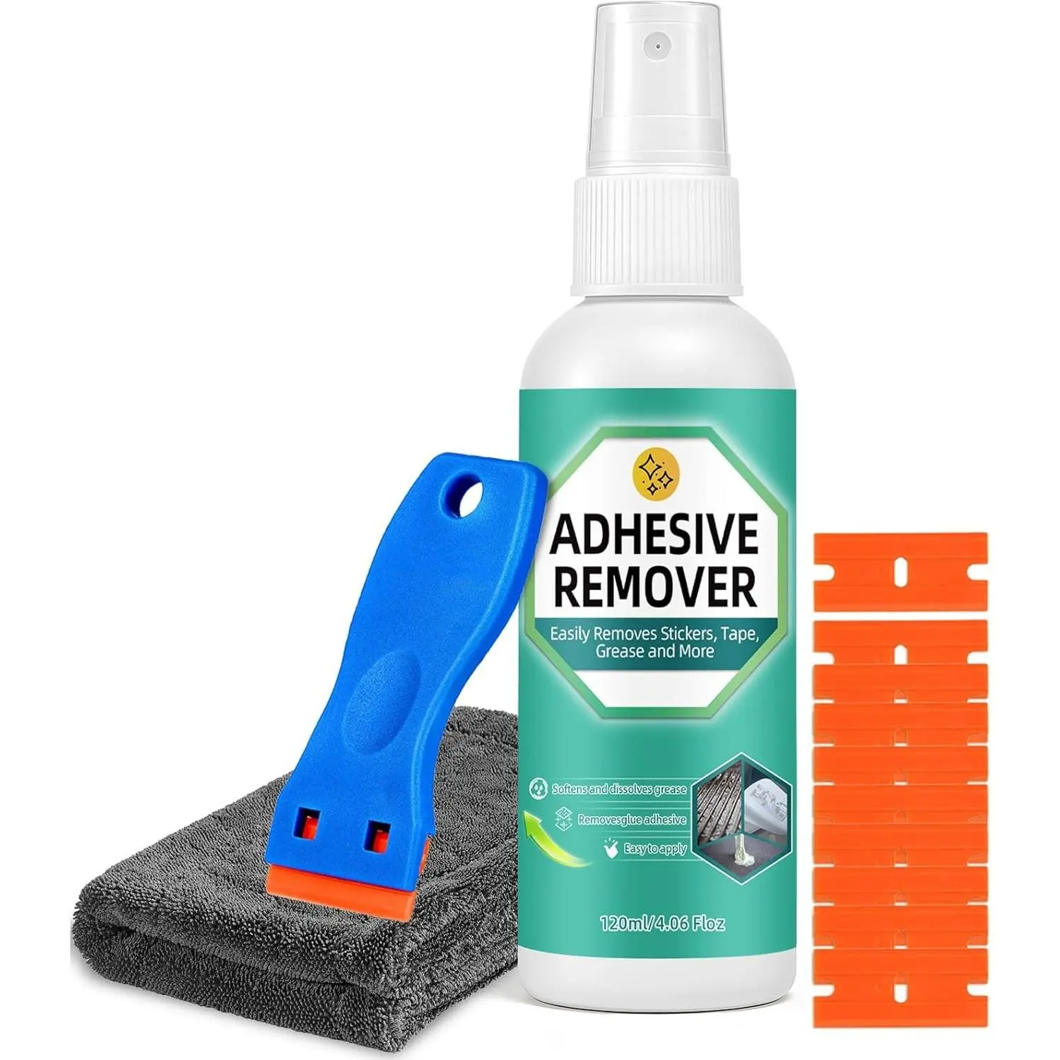 Adhesive Remover Spray, 4.06 Oz Glue Remover with Plastic Scraper and Towel, Surface Safe Sticky Stuff Remover for Car, Windows, Floor, Sticker Remover (1, GREEN)