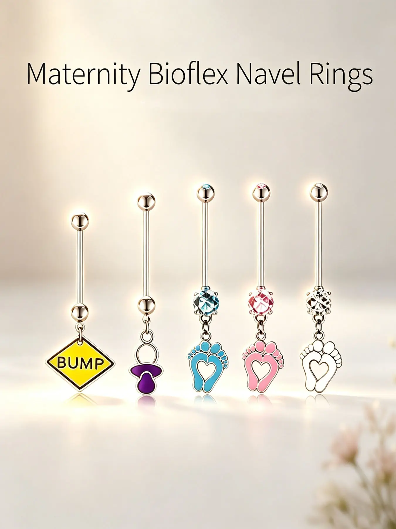 Maternity Belly Button Rings Set, Adjustable Soft Long Bar Pregnancy Navel Piercing Jewelry, Removable Cuttable Bioflex Bar, Cute Baby Bump Footprint Heart Dangle Charms Hypoallergenic Body Piercing Body Jewellery for Pregnant Women
