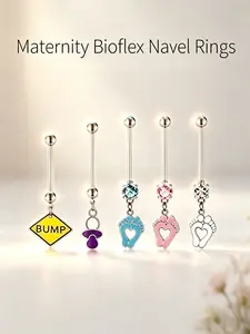 Maternity Belly Button Rings Set, Adjustable Soft Long Bar Pregnancy Navel Piercing Jewelry, Removable Cuttable Bioflex Bar, Cute Baby Bump Footprint Heart Dangle Charms Hypoallergenic Body Piercing for Pregnant Women