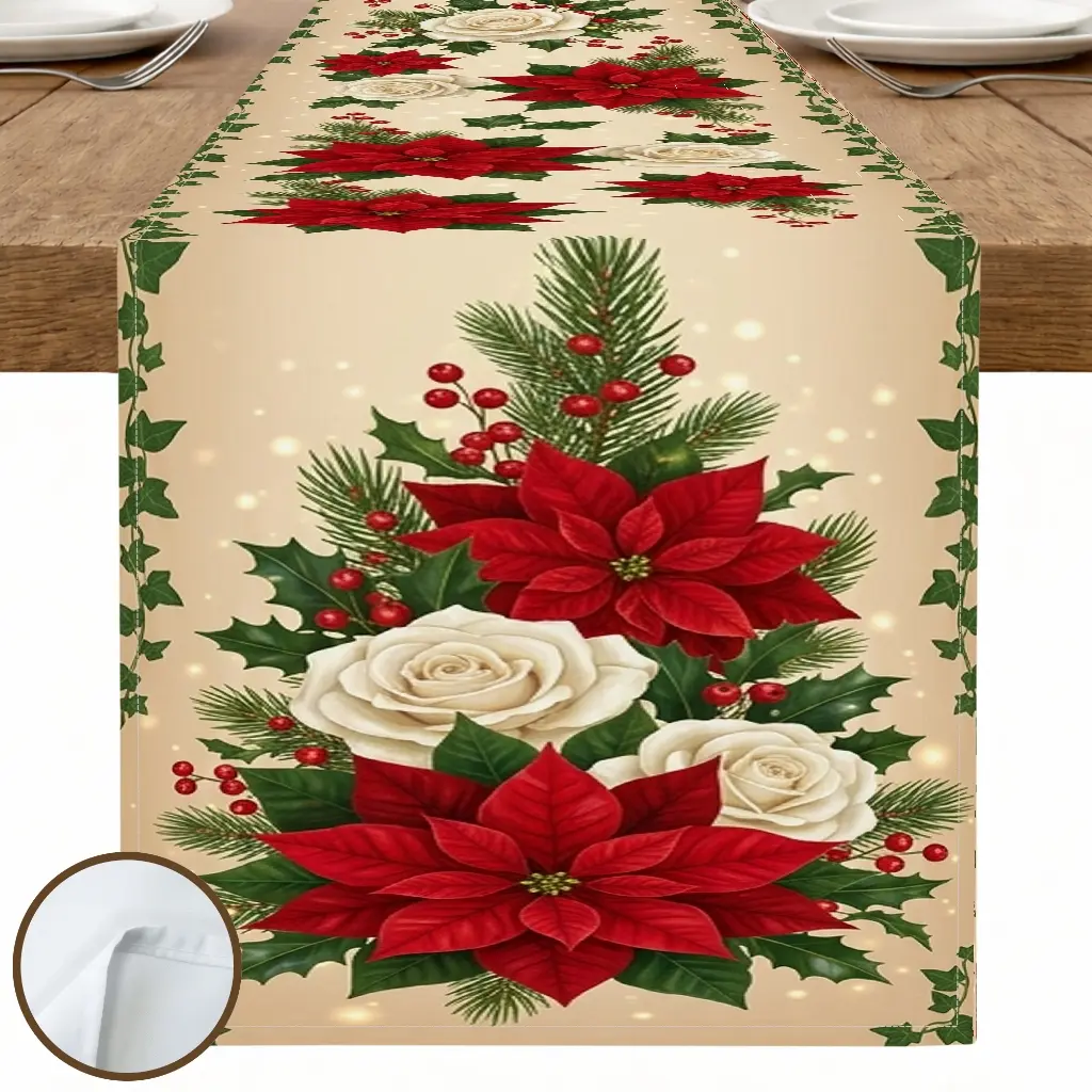 1pc Poinsettia Rose Holly Table Runner, Vintage Style, Floral Border Seasonal Graphic Print, for Dining Table Home Decor Christmas Dinner Holiday Table Decor