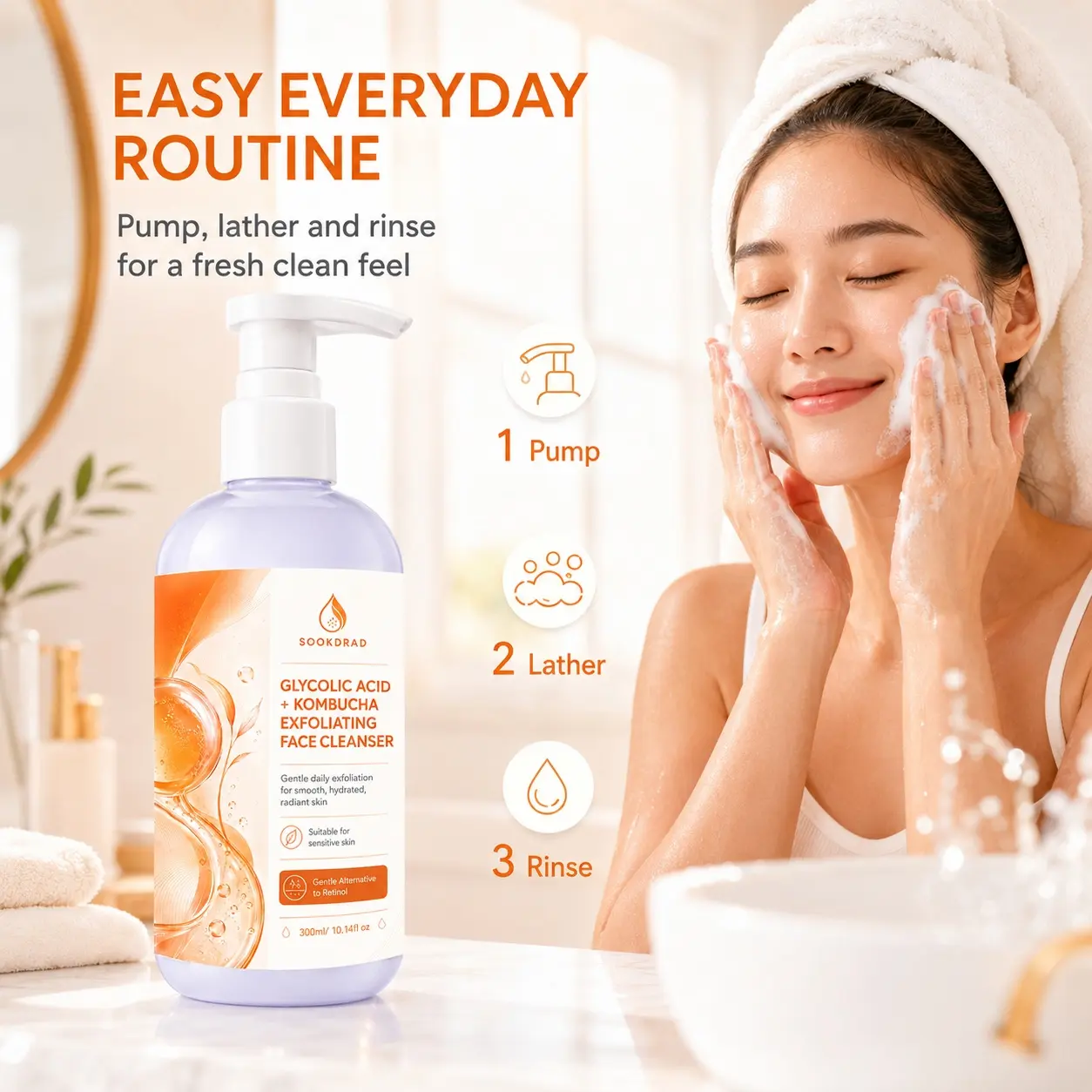 Glycolic Acid + Kombucha Exfoliating Face Cleanser, gentle daily exfoliation, smooth skin, hydrated skin, radiant skin, for face, suitable for sensitive skin, gentle alternative to retinol,