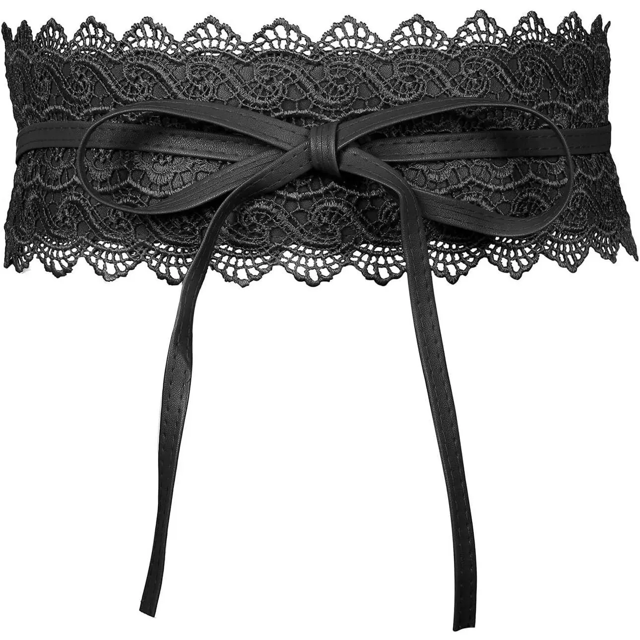 Black Lace Wide  Belt, PU Leather Women Obi Belt Adjustable Self Tie  Belt