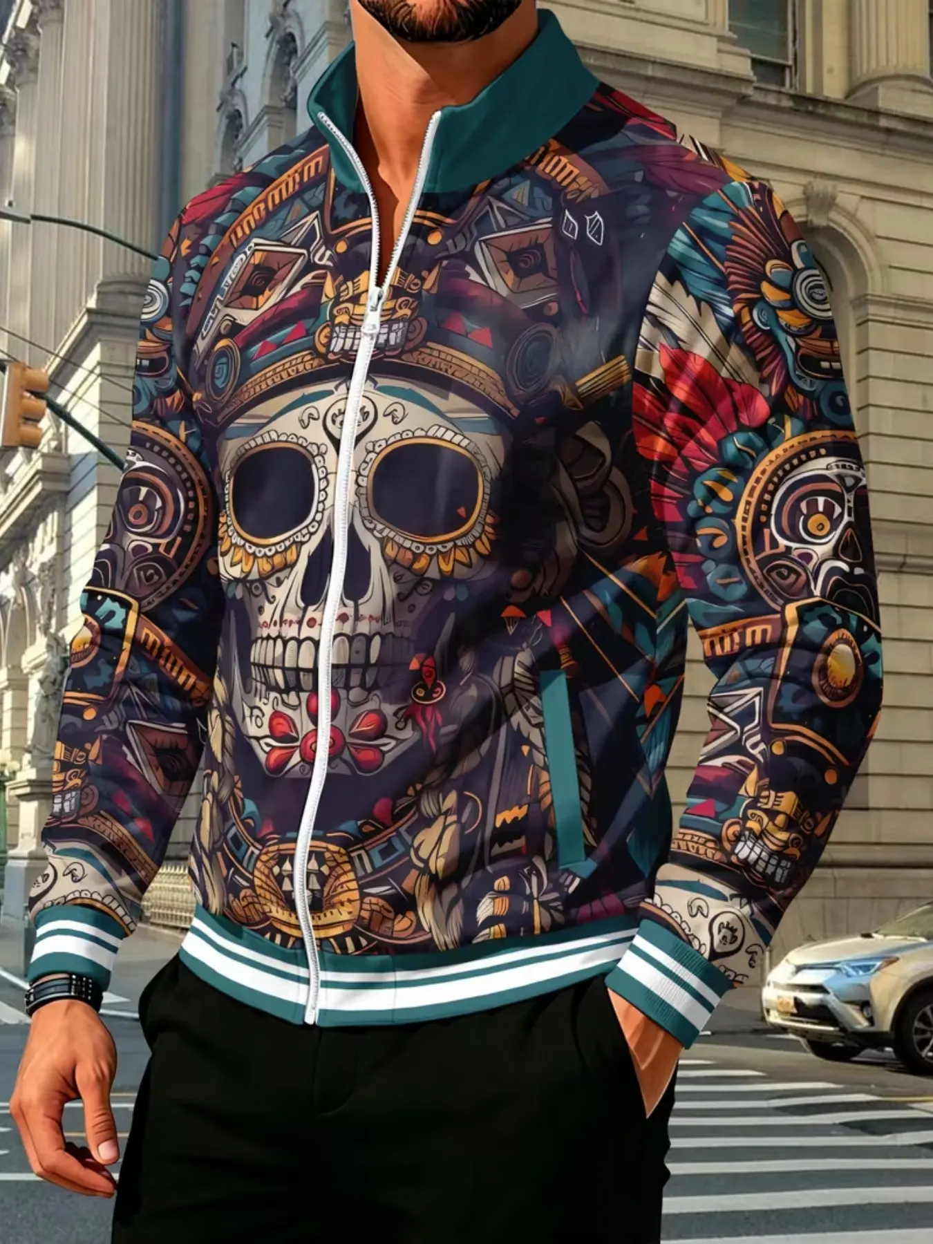 Men's Mexican Skull Stand Collar Zipper Jacket, Ethnic Painted Skull Totem Full Print, Retro Men's Fashion Sports Coat, Casual Sportswear Jacket