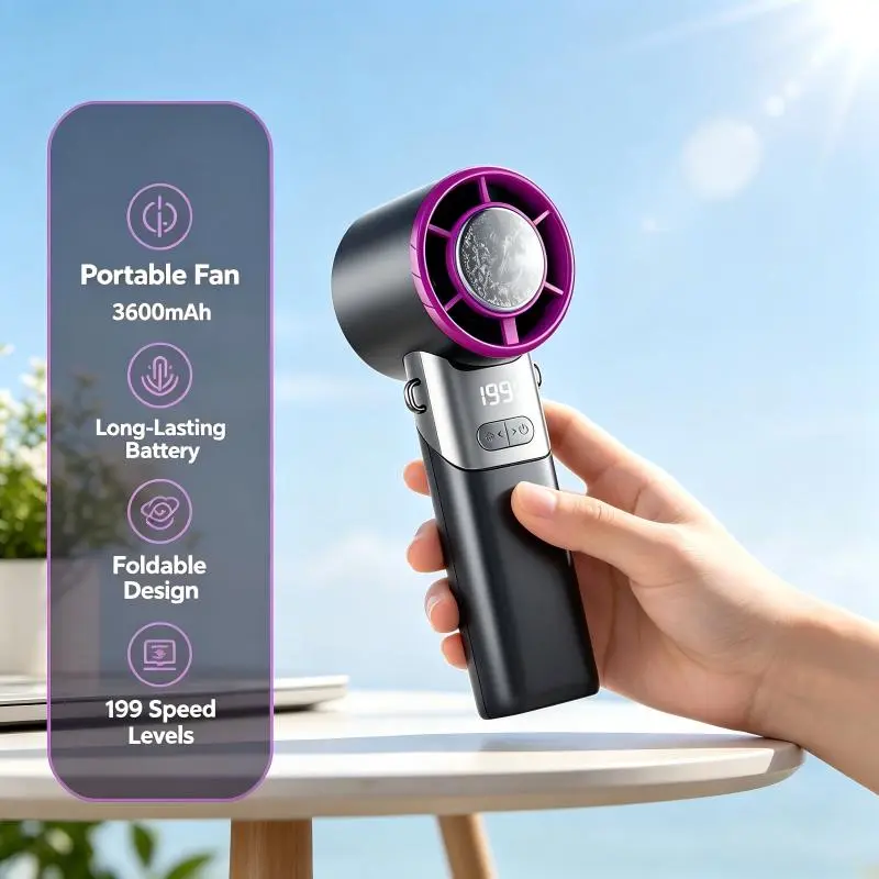 TADEKERU Portable Fan Cooling Mini Handheld Turbo Fan Ice-Cooling 3600mAh Battery Operated 6 Hours 199 Gear Speed Foldable for Summer Travel Vacation Essentials Outdoor Activities Beach Indoor Use Office Desk Usage