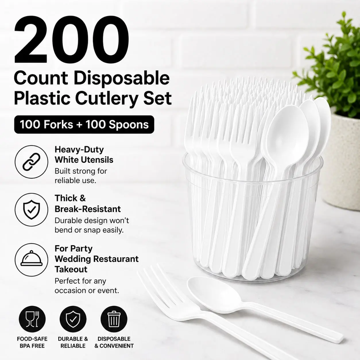 White Heavy Duty Disposable Plastic Cutlery 200 Count Set 100 Forks 100 Spoons Thick Break Resistant Utensils For Party Wedding Takeout