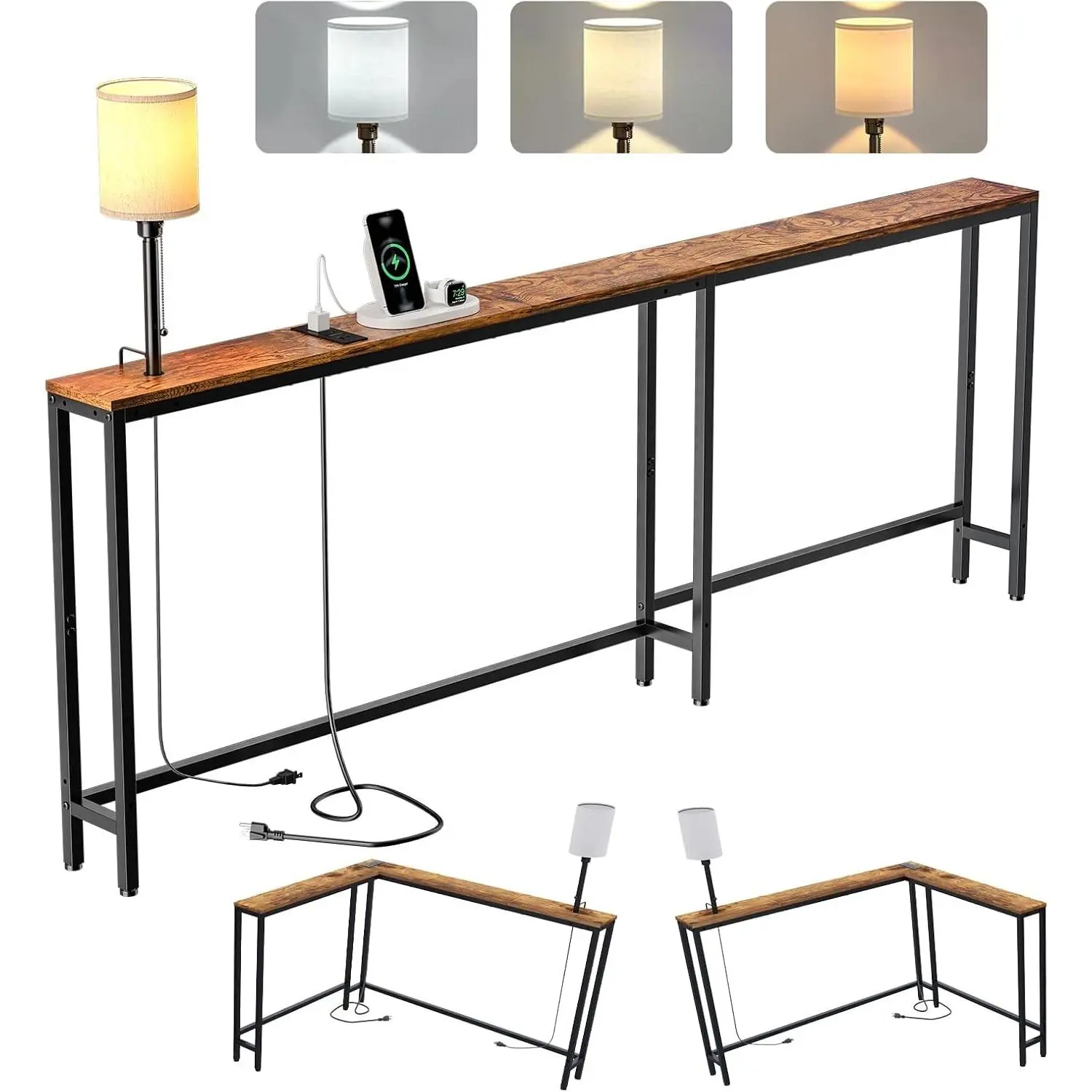 78.8" Long Narrow Sofa Table with Outlet & LED Bulb, L Shaped Skinny Corner Console Table Behind Couch, Slim Sofa Table wtih 3 Color Light for Living Room, Bedroom, Entryway, Rustic Brown