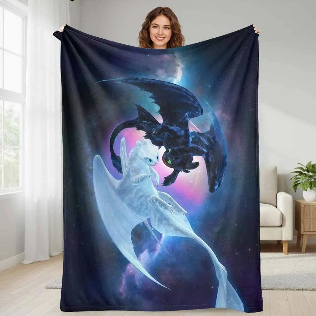 Celestial Dragons Flannel Cooling Throw Blanket, Toothless & Light Fury Graphic Print Ultra Soft Lightweight Blankets, Multi-use Decor For Sofa Bed Travel Outdoor, Birthday Xmas Holiday Gift For Dragon Movie Lovers