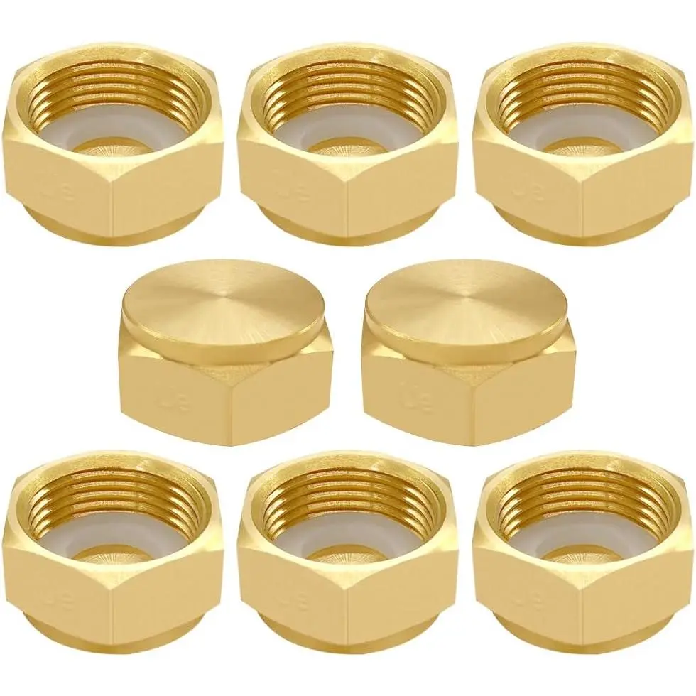 Brass 3/4" GHT Female Garden Hose End Caps, 8 count | Spigot Plugs Fittings with Gaskets