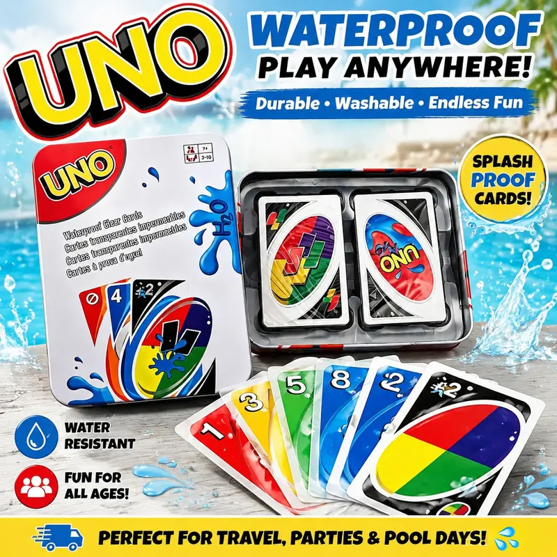 UNO H2O Splash-Proof Card Game, Clear Waterproof PVC UNO-Style Toy Cards for Summer Pool Parties, Leak-Proof Transparent Multiplayer Tabletop Board Game for Kids and Adults, Card Party Game, Family Card Games, Card Games for Families