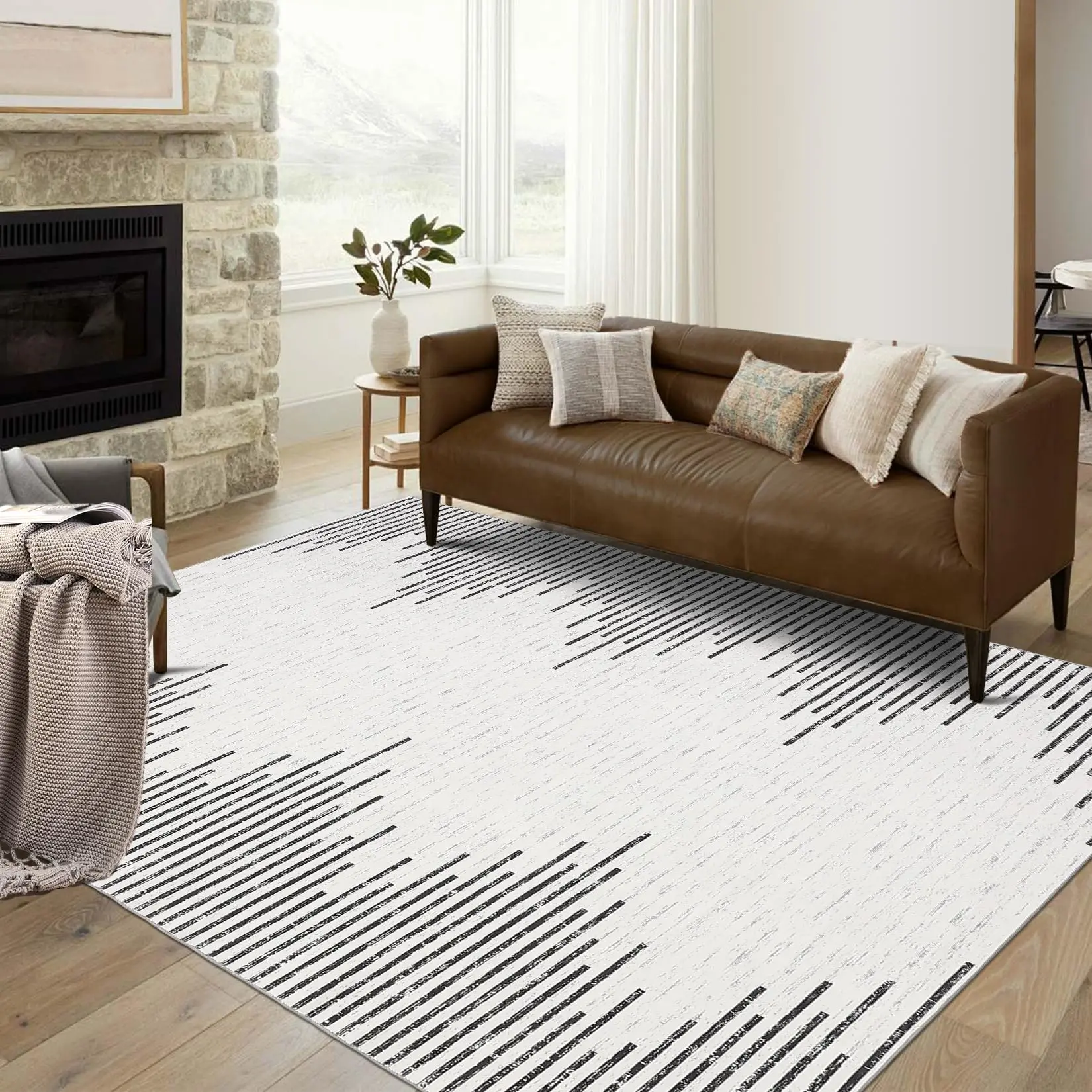 GARVEEWashable Area Rugs in Multiple Sizes (2x6, 4x6, 8x10, 9x12) Featuring Modern Striped, Checkered, and Geometric Designs in Neutral Cream and Grey Colors, Low Pile, Non-Slip, Stain Resistant, Ideal for Various Rooms
