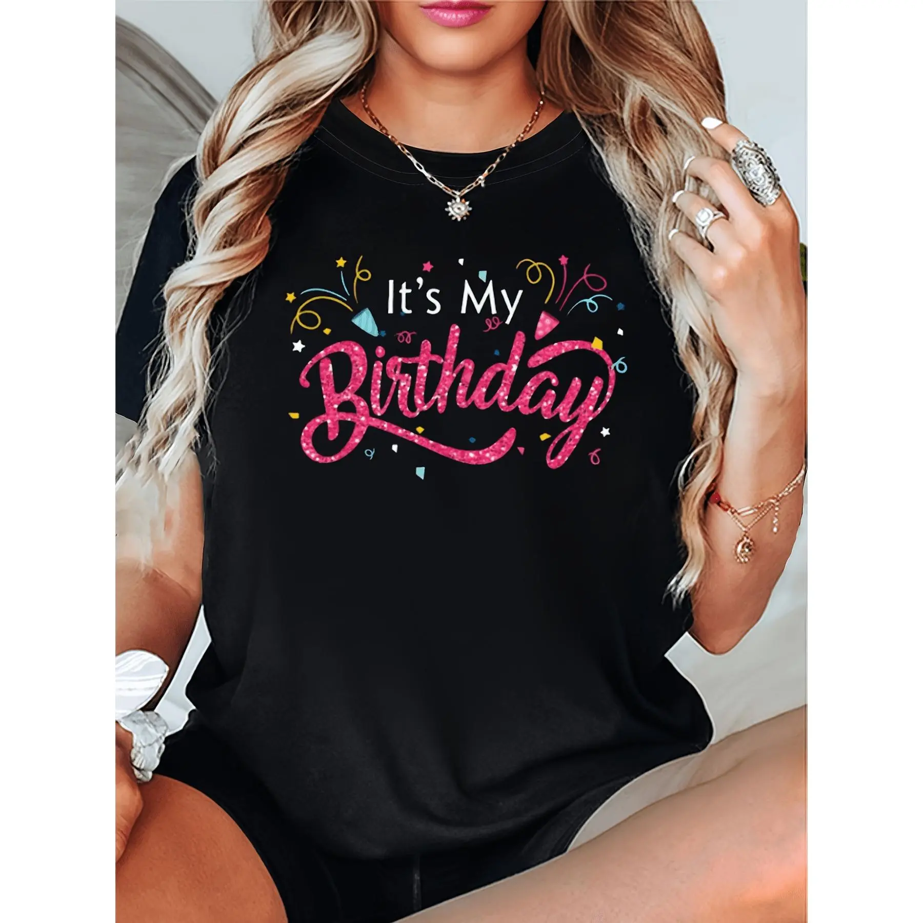 Its My Birthday T-Shirt Black Base Pink Glitter Lettering Confetti Decor Casual Round Neck Short Sleeve Tee Great for Birthday Parties Celebrations Playful Seasonal Print Durable Print Quality Women'S short sleeve tee Seasonal Apparel