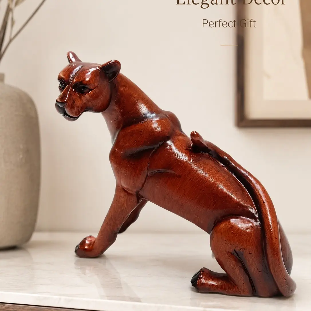 Wood Grain Resin Panther Sculpture, Vintage Lion Art Craft, Realistic Wildlife Leopard Statue, Office Living Room Decor Gift