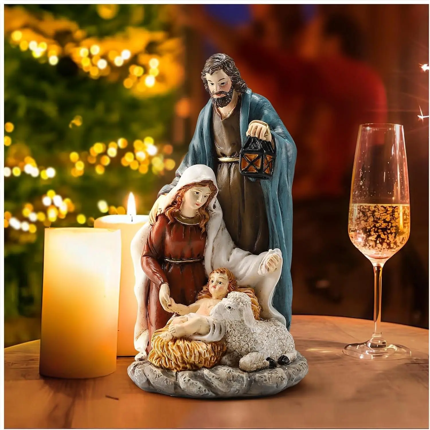 6.5” Christmas Nativity Set - Holy Family Statue Catholic with Sheep, Handcrafted Collectible Jesus, Mary, & Joseph Figurines for Tabletop & Desk Display, Religious Gift for The Holidays