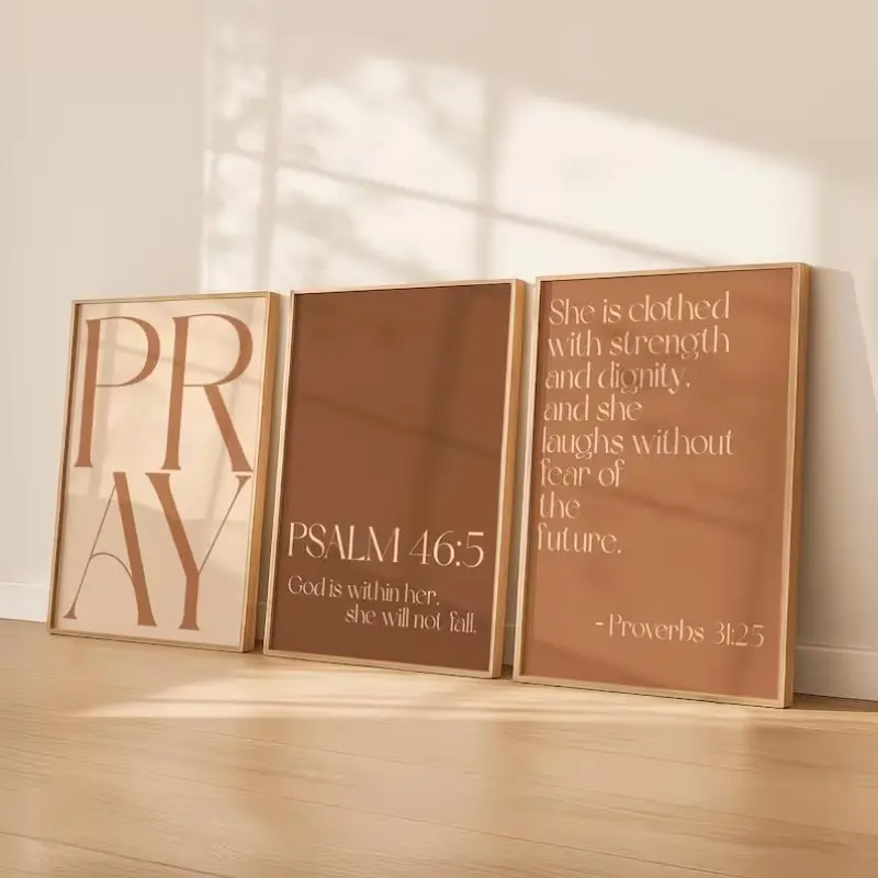 3-piece Set frameless red clay Christian Bible scripture canvas poster, minimalist Pray/Psalm 46:5/Proverbs 31:25 wall print, aesthetic religious room decoration, holiday decoration gift.