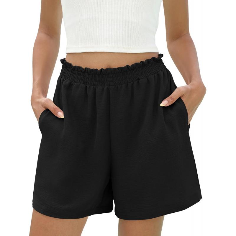 Women's Summer Casual Shorts with Pocket Elastic High Waisted Wide Leg Beach Shorts Cute Dressy Vacation Clothes