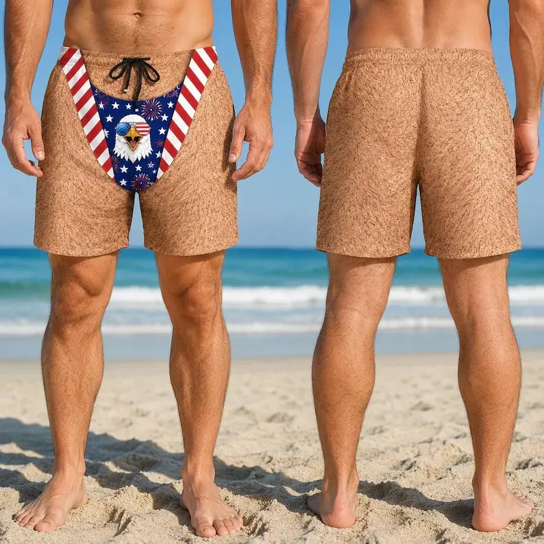 Personalized Patriotic Eagle Swim Shorts for Men, Custom Funny Eagle Print Swim Trunks, Casual Beach Bathing Suit, Great Holiday Gift for Him, Summer Beach Trip and Pool Party Outfit