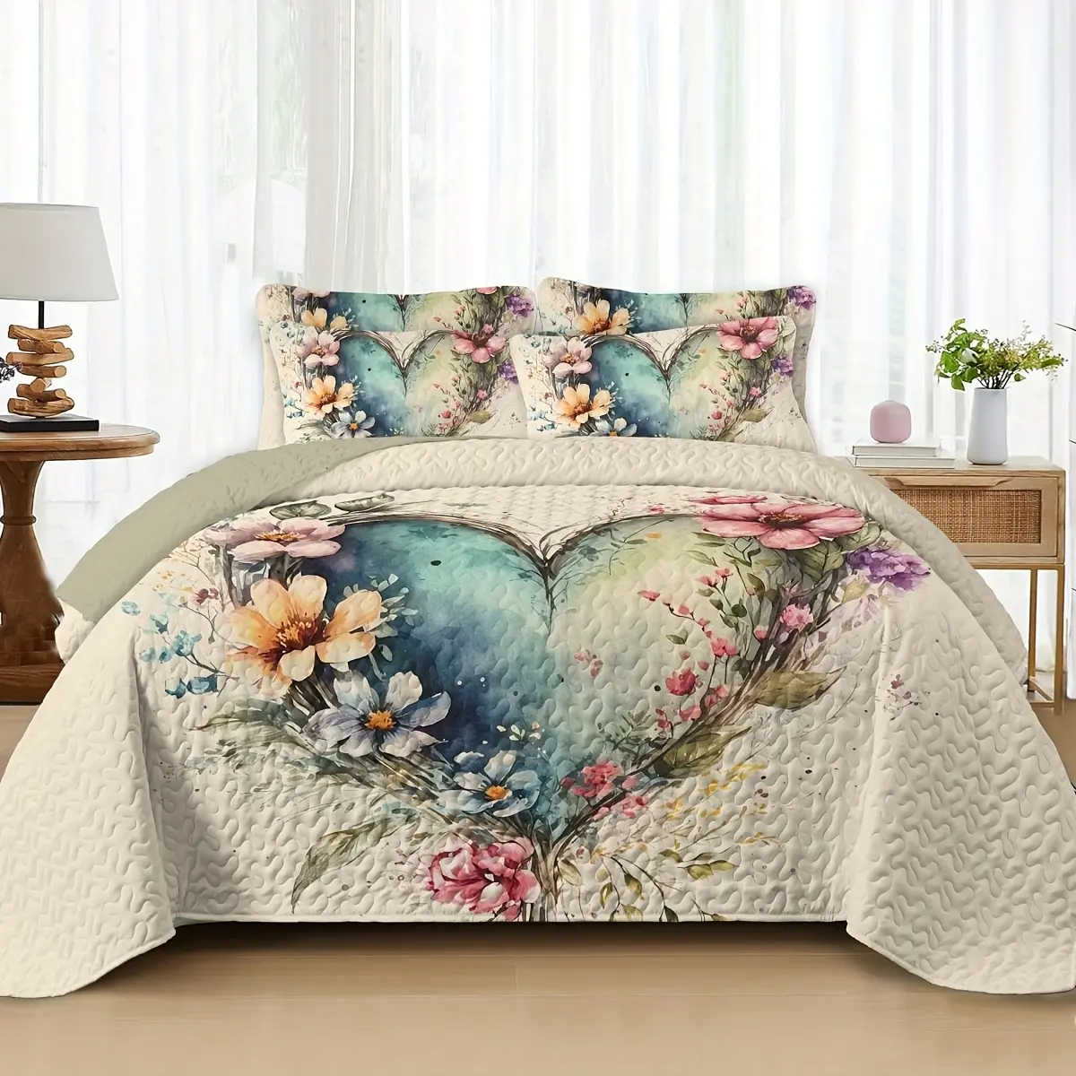 2/3pcs Floral Lightweight Comforter Quilt Set Twin Full Queen King Size, Boho White Reversible Patchwork Bedspread Coverlet Soft Breathable Microfiber Bedding for Girls Women Mother's Day Gift, Fit Spring Summer Autumn