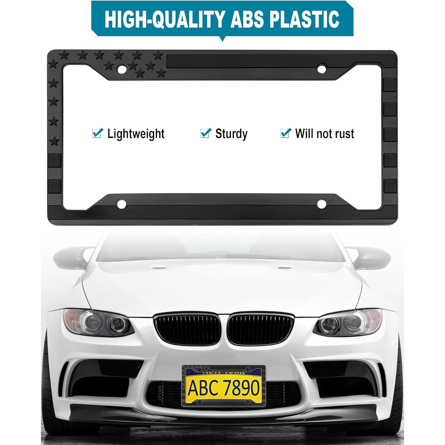 Flag License Plate Frames- Black Plastic Patriotic Tag Holder with Mounting Hardware & Screws Caps,2 Pack 4 Holes for Front Rear Flag License Plate Frames- Black Plastic Patriotic Tag Holder with Mounting Hardware & Screws Caps,2 Pack 4 Holes for Front Rear