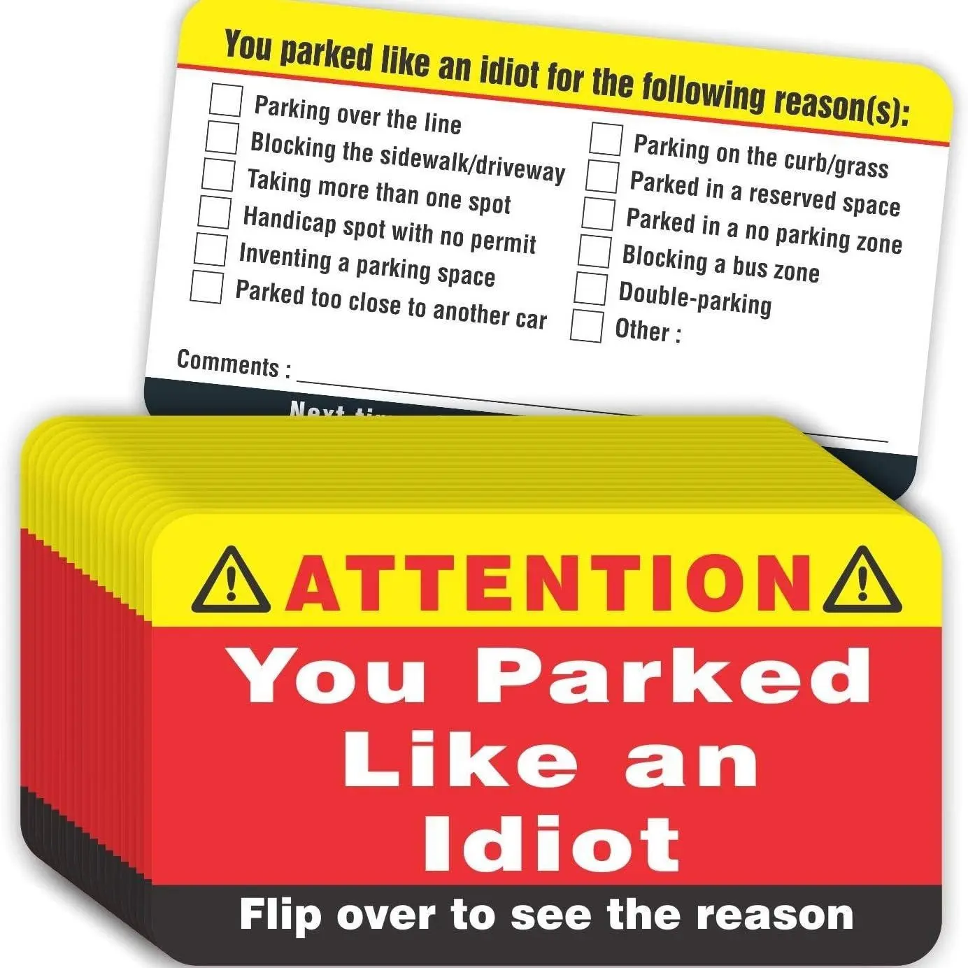 50x Funny Parking Warning Cards, You Park Like an Idiot Prank Notes, Humorous Car Accessories, Perfect for Friends and Family