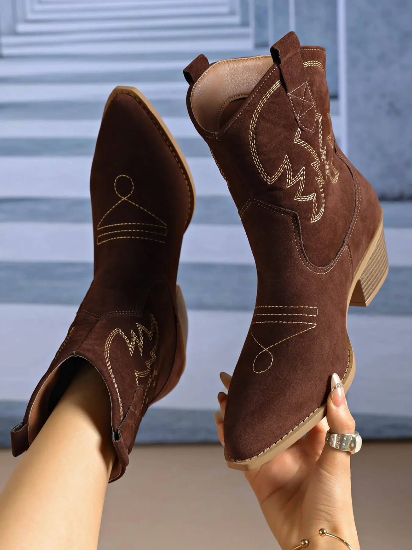 New Western Boots Launch! High-End Patchwork Denim Short Boots, Vintage Totem Embroidery, Durable Rubber Sole, Perfect for Parties and Daily Wear