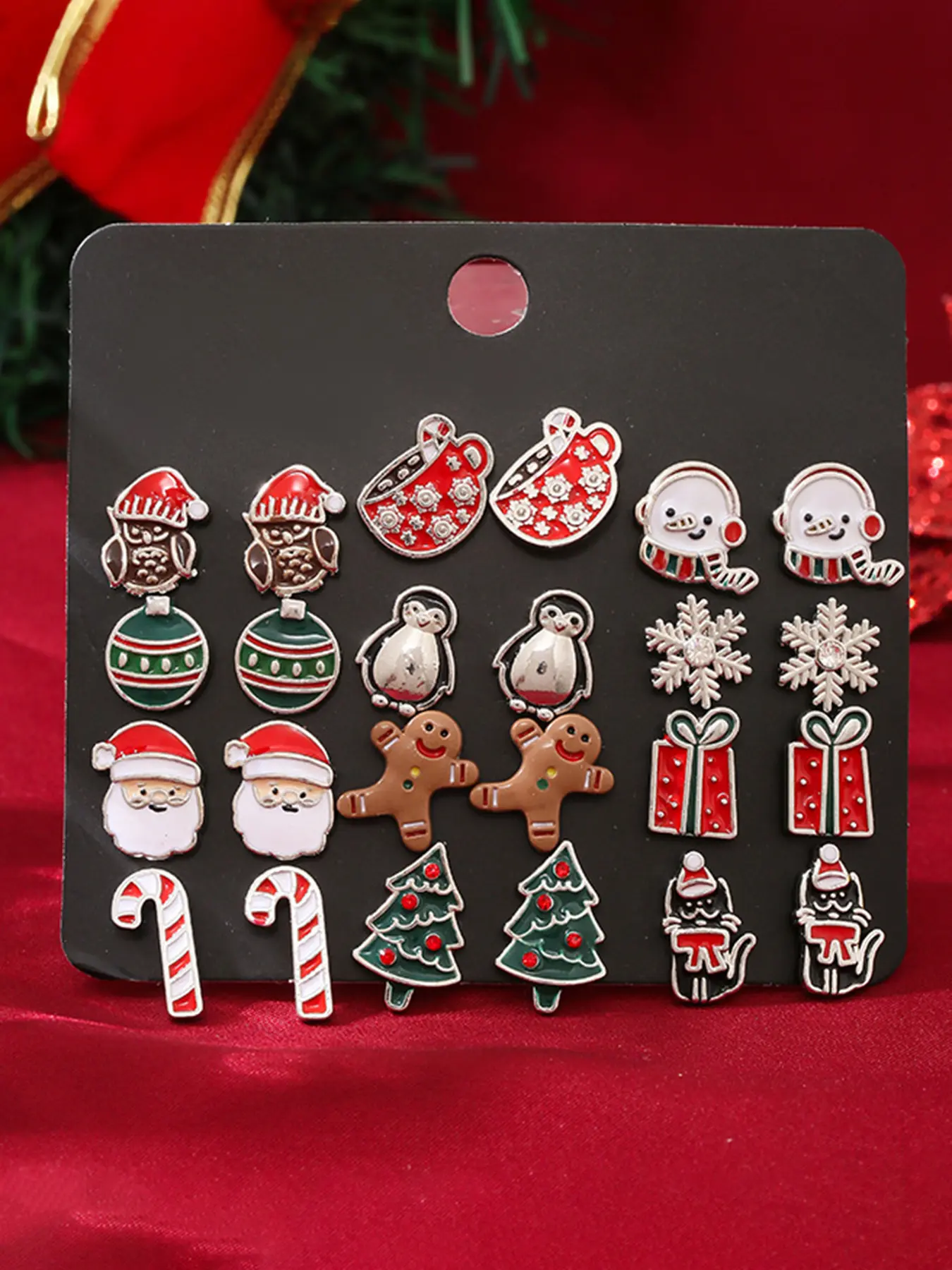 12 Pairs Fashion Holiday Gift Christmas Santa Gingerbread Man Tree Snowman Earrings Set, Sexy Style, All Seasons, No Choking Hazard
